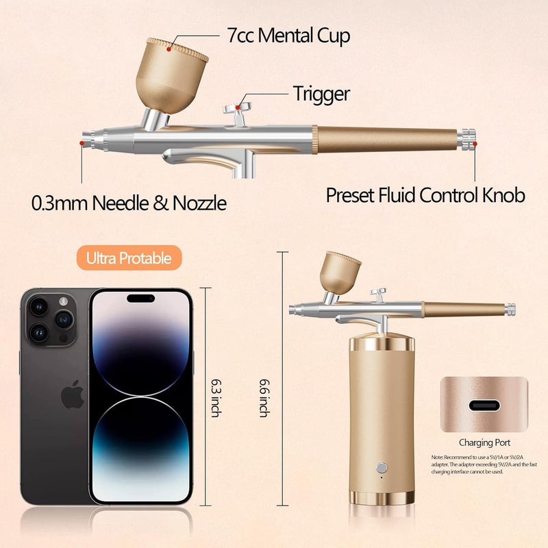 crpen Airbrush Kit With Compressor 48PSI Rechargeable High Pressure Air Brush Set Cordless Airbrush Kit with 0.3mm Nozzle for Painting,Nail Art, Cake Decor,Makeup,Modeling (Golden) - Image 2